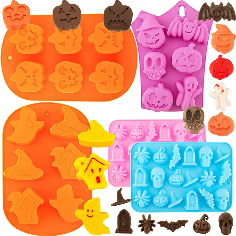 Pumpkin Silicone Halloween Cake Chocolate Mould Silicone with Ghost Pumpkin Bat & Witch Hat Cookie Mold for Ice Cube Baking Mold