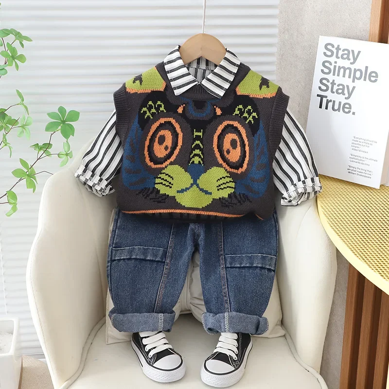 2024 Spring New Boys Cartoon Sweater Vest Three piece Set for Boys Striped Shirt and Denim Pants Set