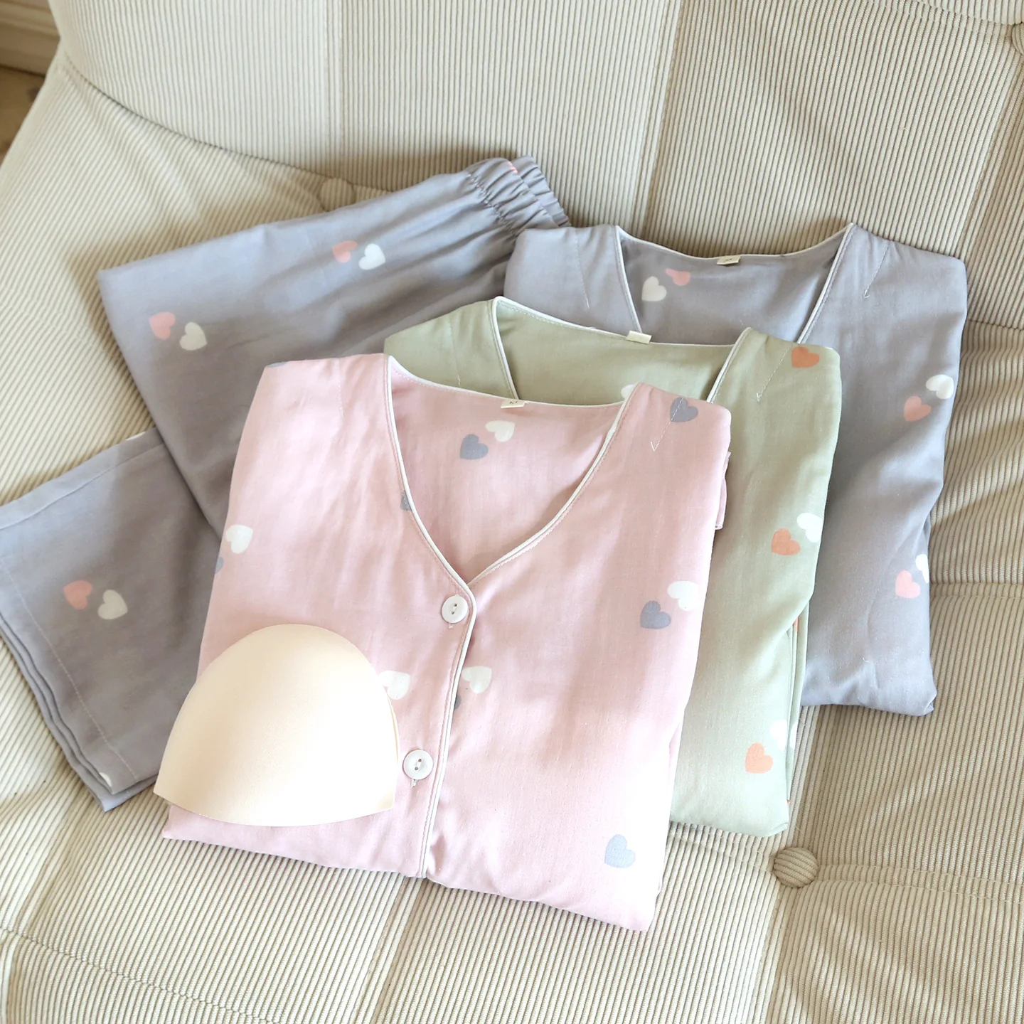 

Spring Autumn Women's Print Cotton Gauze V-Neck Shirt Trousers Pajama Set Long Sleeve Home Clothes