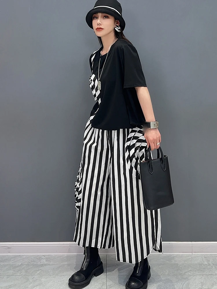 SHENGPALAE 2024 Spring New Casual Set Classic Black White Stripe Short Sleeve T-shirt Wide Leg Skirt Pants 2 Piece Set 5R9658