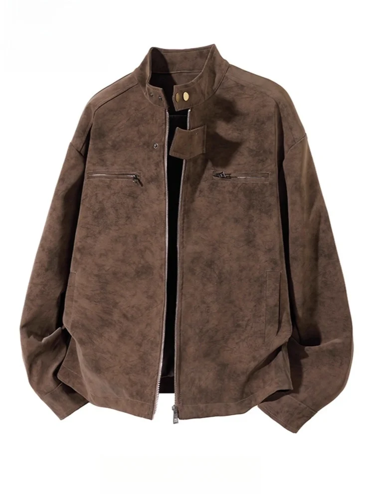 

Spirit Men's Leather Jaet Street Sle Autumn Winter Coat American Retro Jaet Loose Fit Dyeing Long Sve Zipper