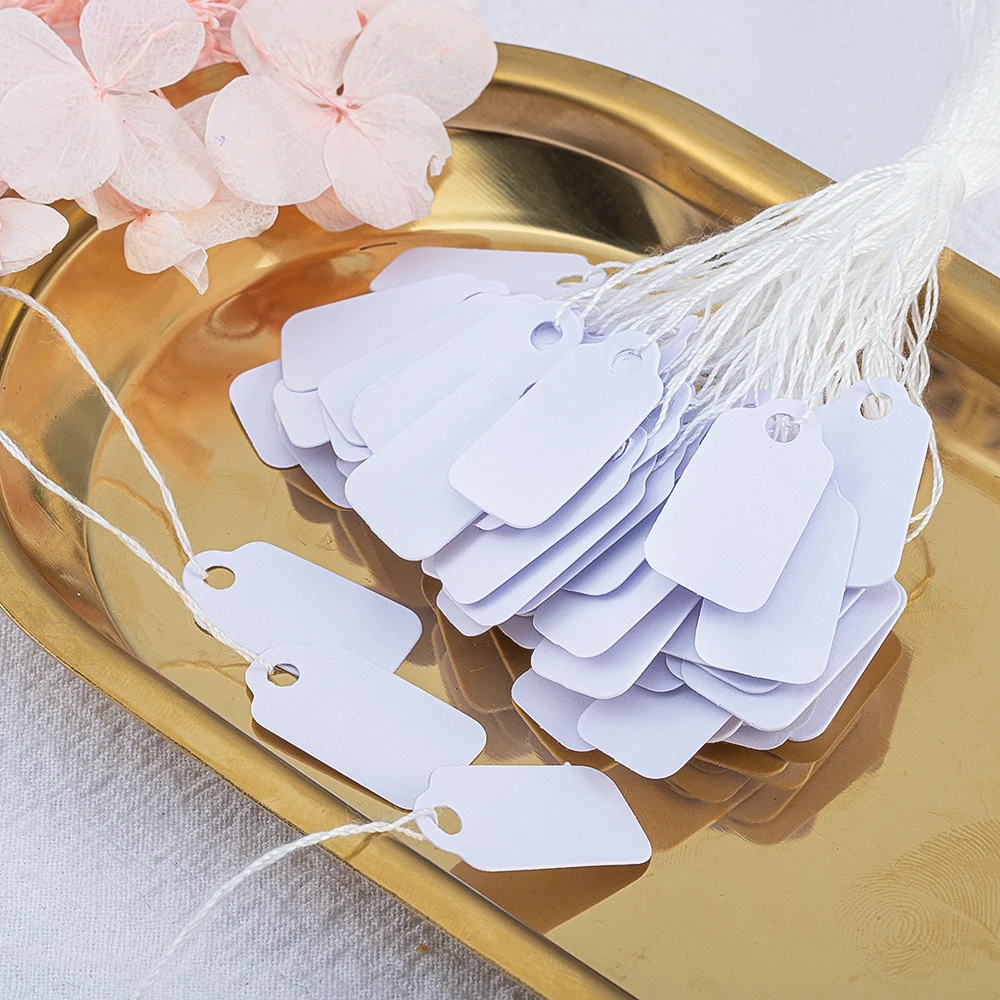 100PCS Jewelry Tags With Strings Rectangular White Glossy Small Tags For Jewelry Display Promotional Tags And Hang Tags