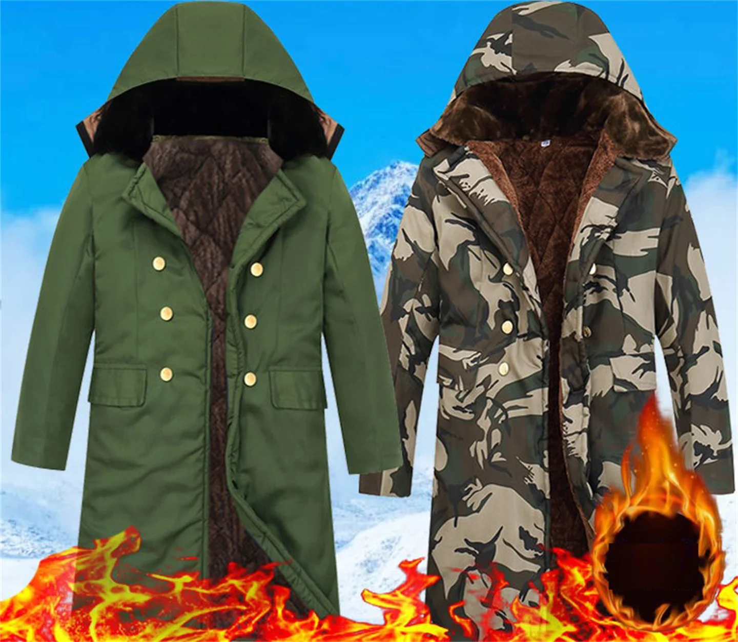 Winter Men\'s Military Camouflage Parka Hooded Hunting Jacket Thick Cotton Thermal Fleece Coat Outdoor Waterproof Long Overcoat