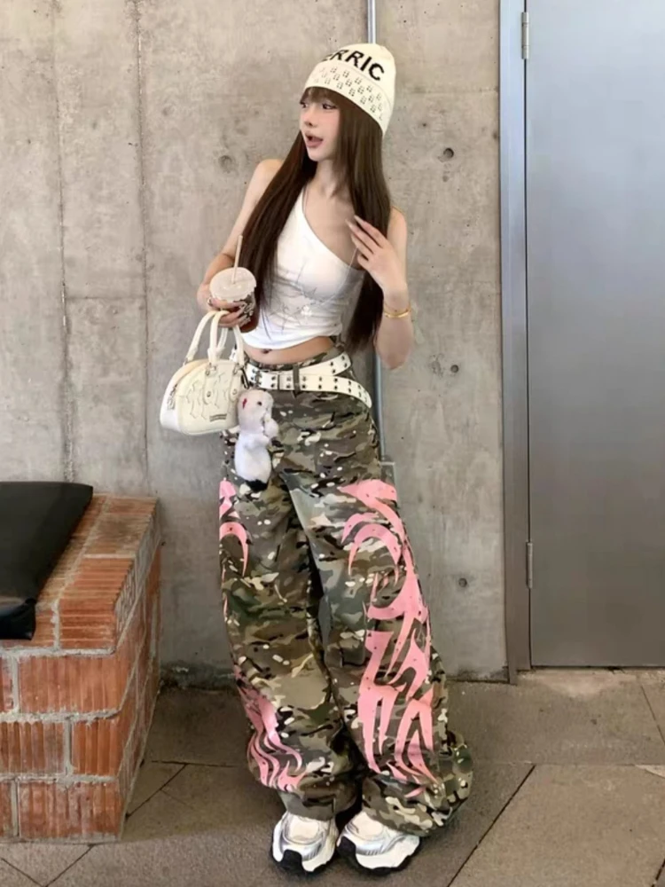 

Women's Camo Wide-Leg Pants - Pink Flame Print High Waist Loose Fit Streetwear Y2K Aesthetic Casual Trousers for Spring Summer