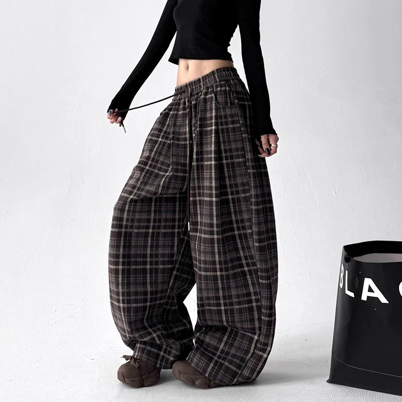 Pantaloni da donna a gamba larga con stampa scozzese vintage Pantaloni casual larghi autunno inverno Pantaloni con coulisse a vita alta retrò americani