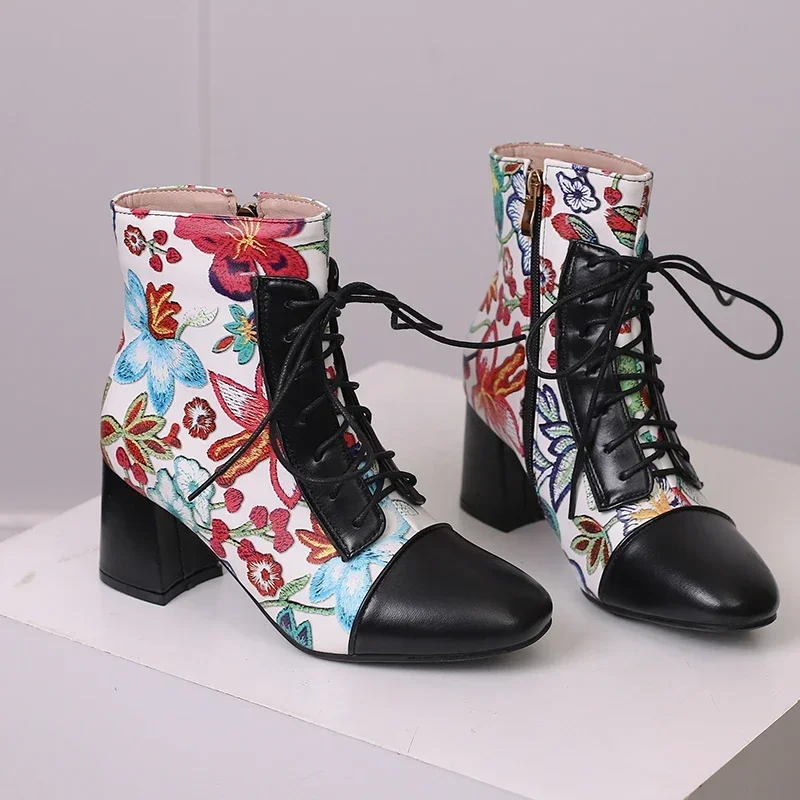 Fashion Winter Women Ankle Boots Pink Red White Flower Embroidery High Thick Heels British Party Ladies Zipper Plush Short Boots