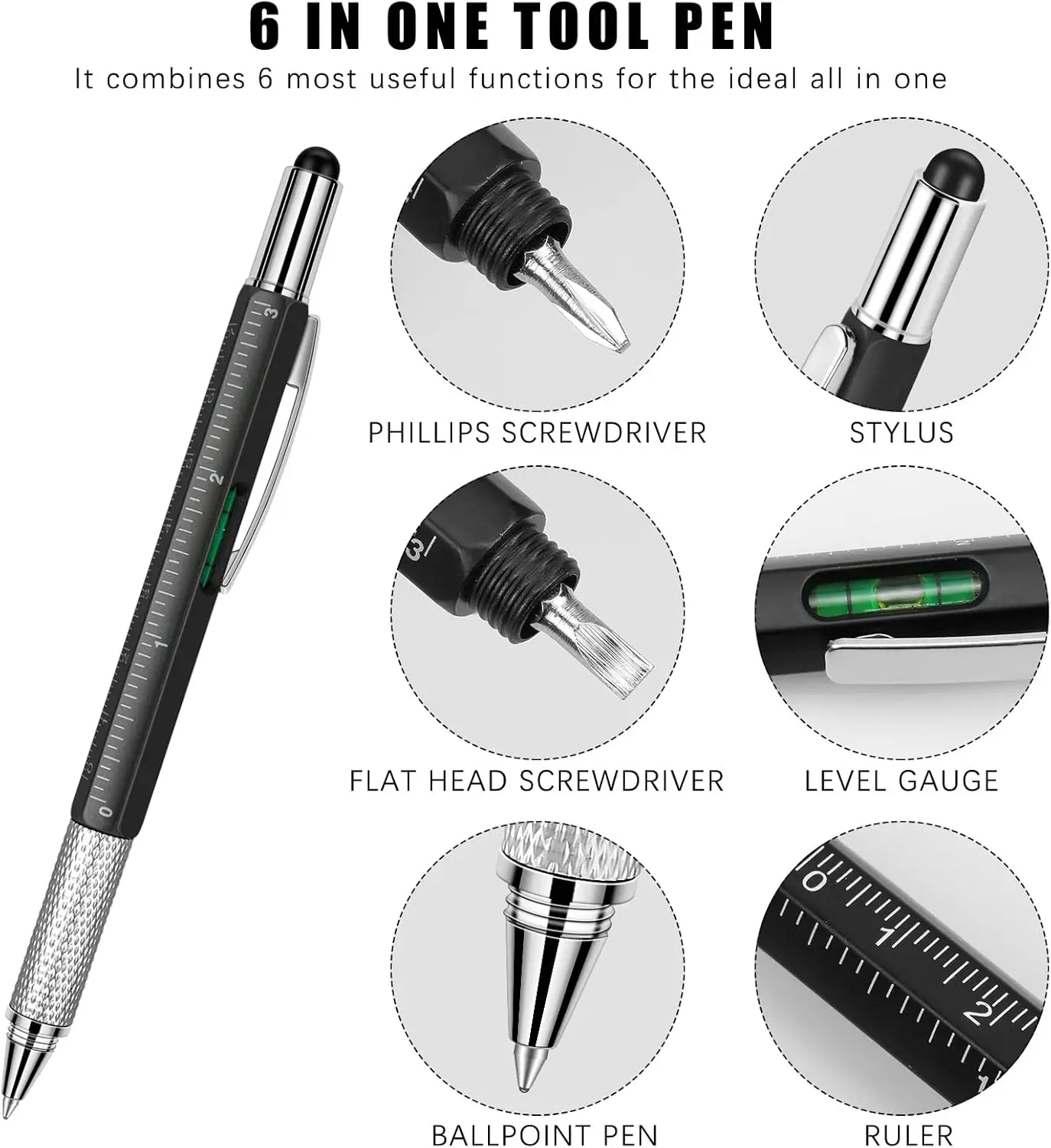 6 in 1 Multifunction Tool Pen Metal Stylus Ballpoint with Ruler Spirit Level Screwdriver Capacitive Touch Screen Portable Gift