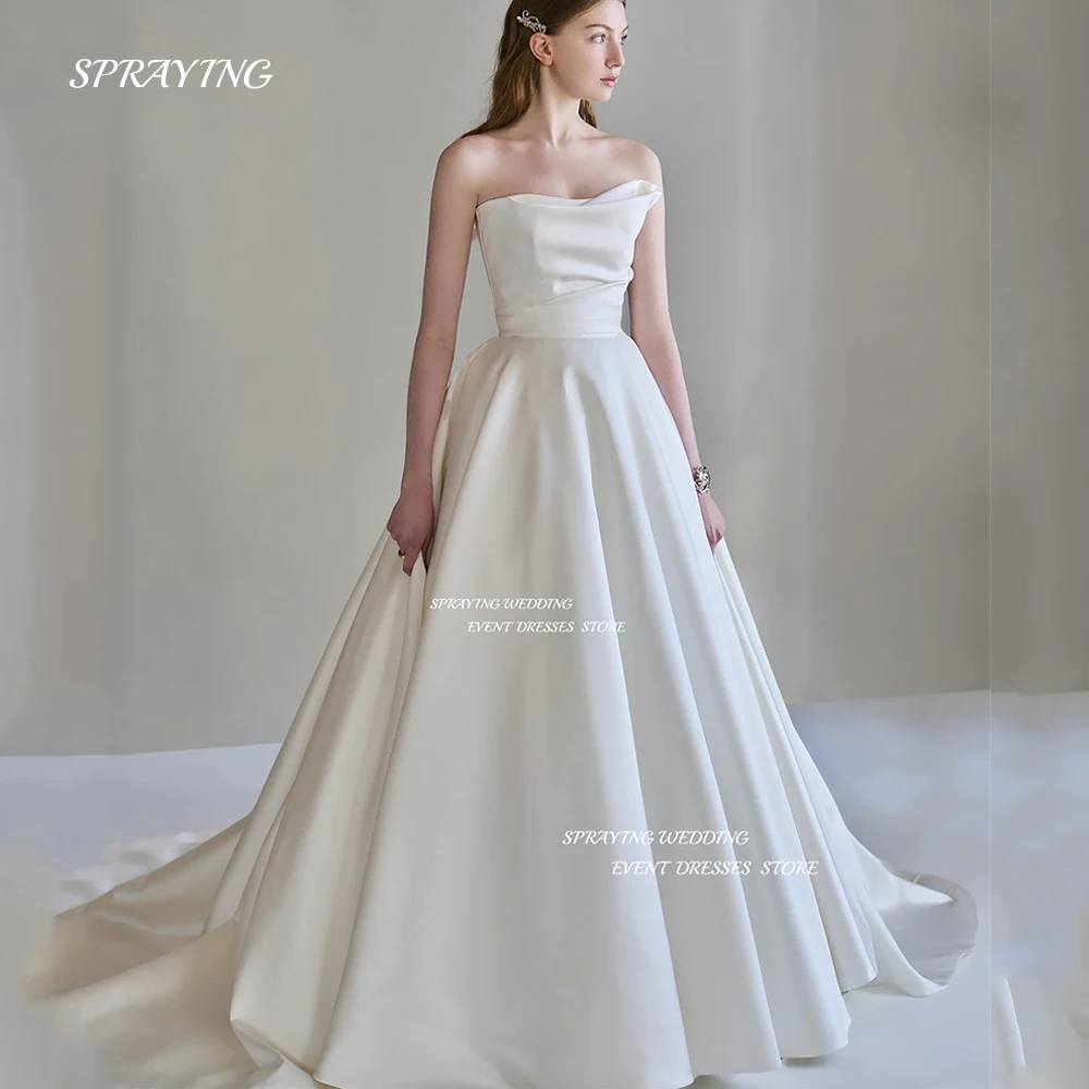 

SPRAYING Simple Korea Strapless A Line Wedding Dress Photo Shoot Sleeveless Soft Satin Bridal Gown Floor Length 웨딩드레스