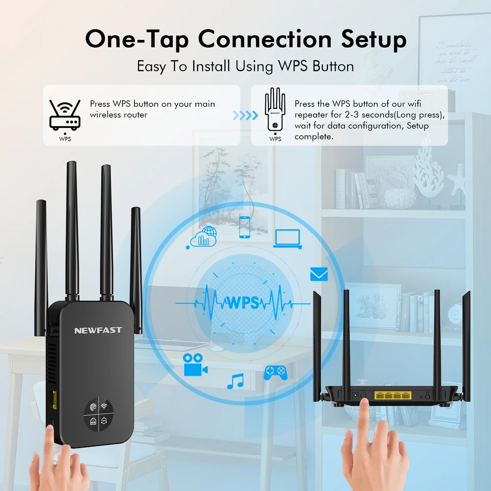 NEWFAST Ripetitore WiFi Esterno 1200Mbps – Dual Band 5GHz/2.4GHz, Porte Gigabit, PoE 48V, IP66, 2 Antenne 5dBi, Ideale Per Giardino E Piscina