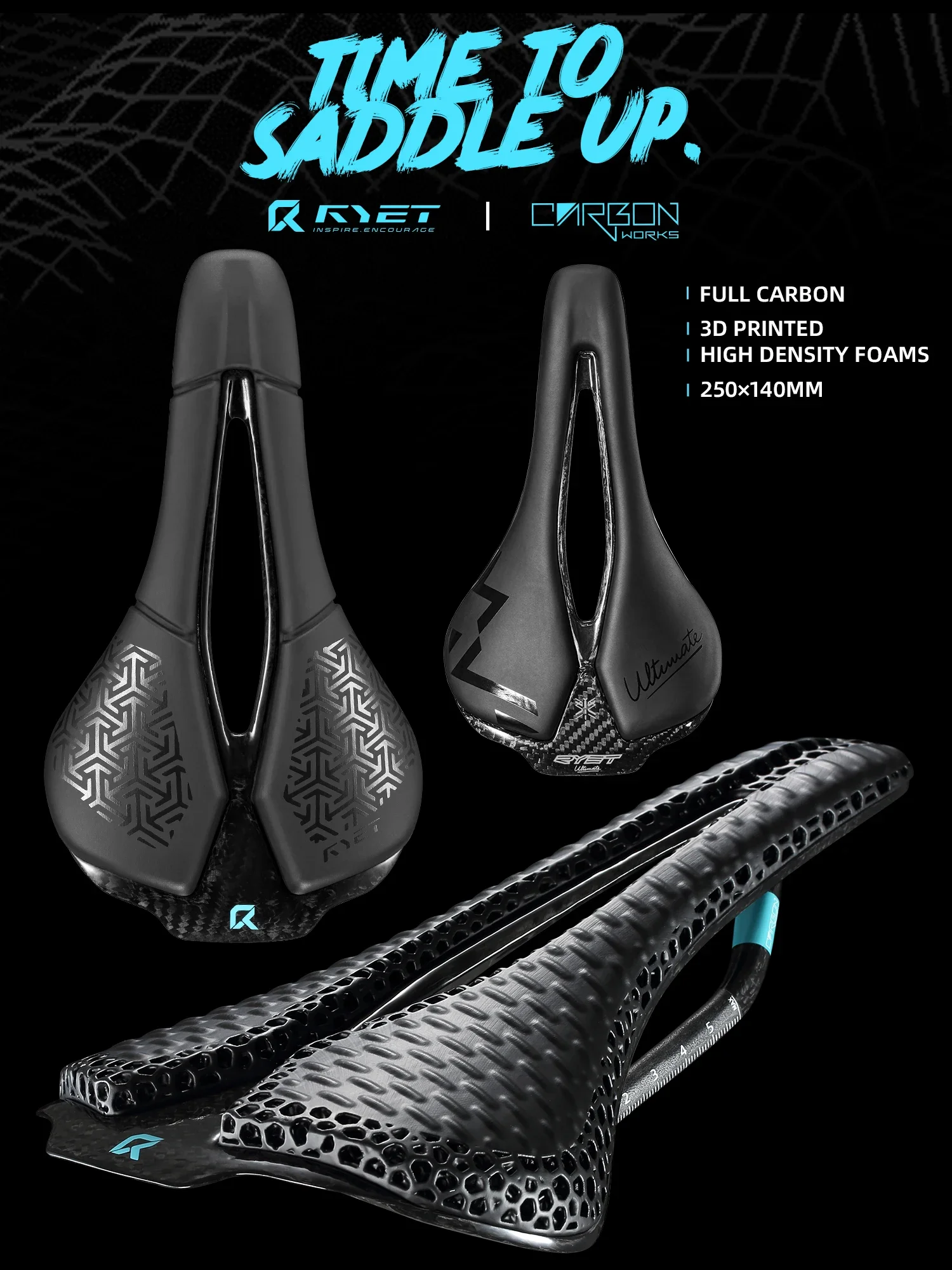 AliExpress RYET Full Carbon 3D Printed Bicycle Saddle 250mm×140mm 115g 7×9mm Carbon 3D Printed Bike Seat MTB Gravel Road Saddle Bike Parts