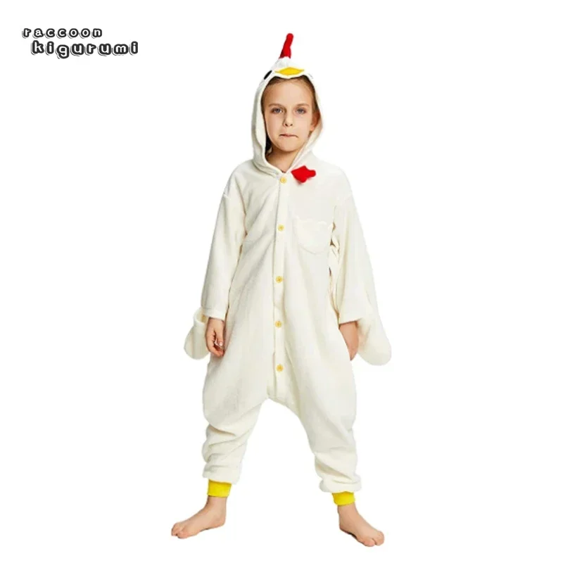 Kids White Rooster Cartoon Anime Onesie Pajamas Women Fleece Funny Jumpsuit Girl Cosplay Raccoon Kigurumi