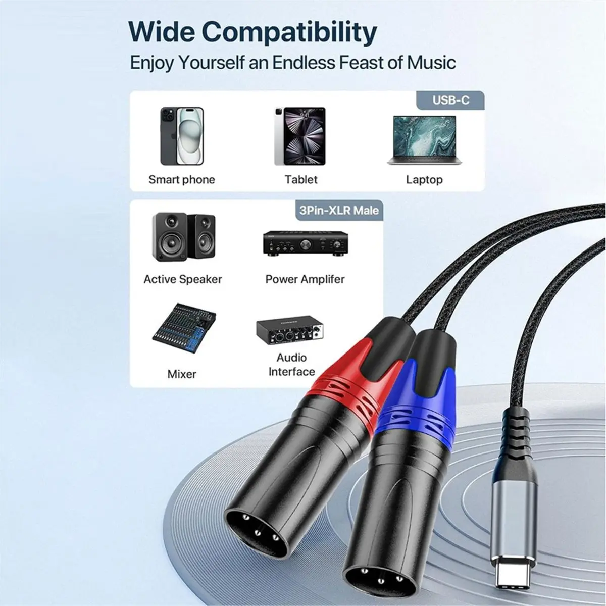 Type-C to Dual 3-Pin XLR Aux Audio Cable Built in Chipset USB C to Dual XLR Audio Cable for Speaker, Amplifier(1m)