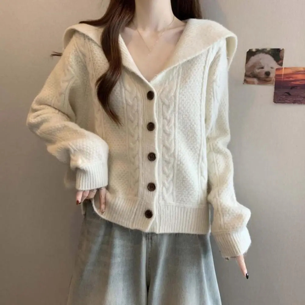 

Casual Flip Collar Grid Crochet Sweater Long Sleeve Autumn Spring Cardigans Women Y2K Ladies Tops Loose Sweet Knitwear Women