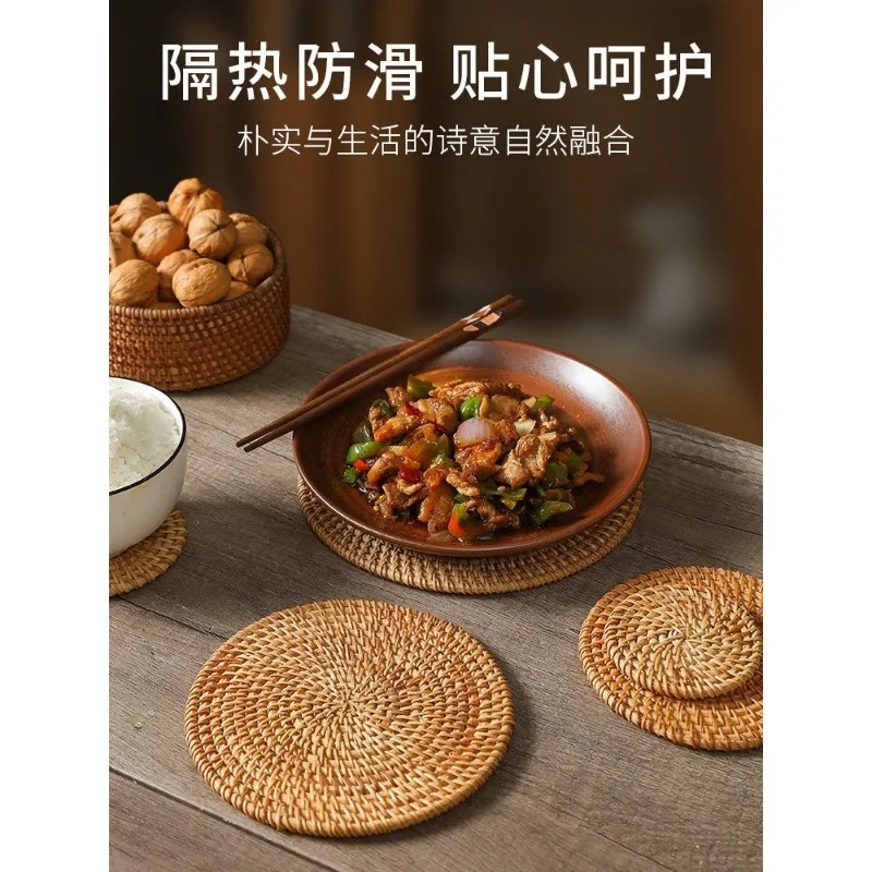 Placemat Pad Coasters Kitchen Table Mats rattan coaster Bowl Mats Padding Mat Insulation Pad Round Placemats Hand-made