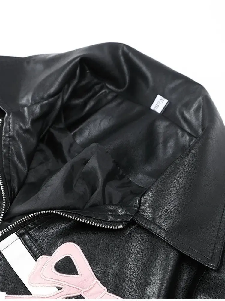 Street Sle Sweet Cool Bla chaqueta de cuero PU con pajarita abrigo de Otoño Invierno para mujer ajuste holgado largo cierre de cremallera Sve