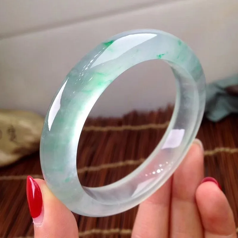 Natural ice jadeite with floral patterns, genuine transparent round bracelet, glass-like Burmese green jade bracel