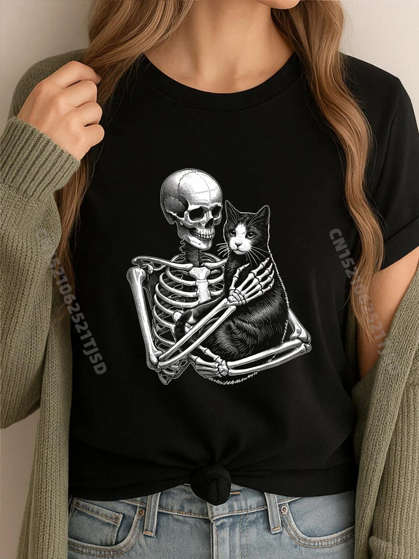 

Скелет держит кот, забавный ленивый костюм на Хэллоуин, череп, черные футболки с рисунком, мужская дизайнерская одежда