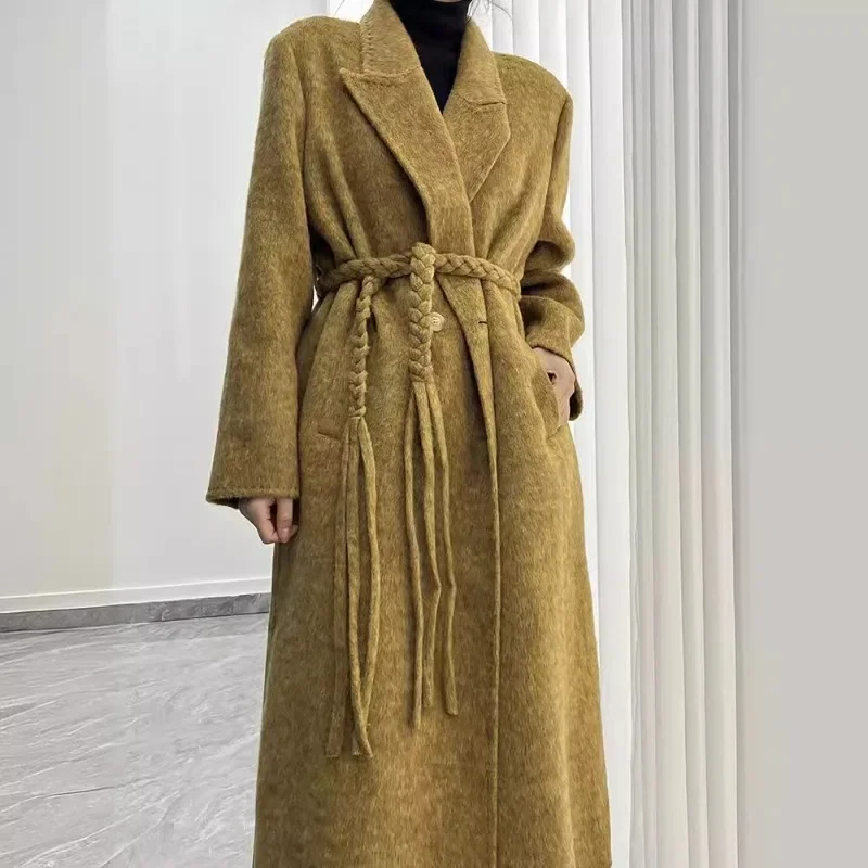 

Autumn Winter 2024 New Woven Belt Plus Long Hair Thick Lapel Double-sided Simple Wool Coat for Women Coats and Jackets Women