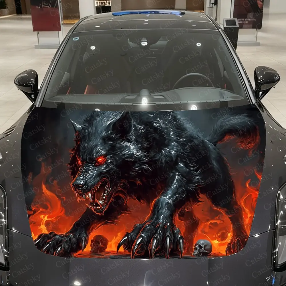 Flame Fierce Wolf Red Eyes with Skulls Car Vinyl Wrap, PVC Waterproof Car Hood Sticker, Self-Adhesive Scratch-Resistant Stickers