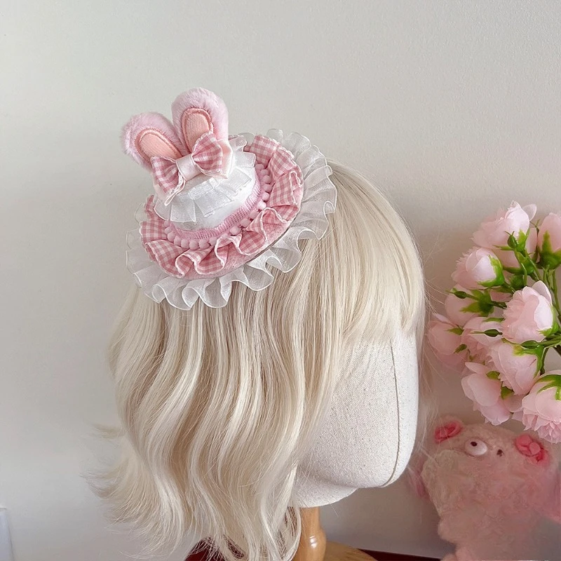 1PC Flat Hat Rabbit Ears Top Hat Headscarf Original Lolita Pink Cute Versatile Elegant Headwear Clothing Accessories