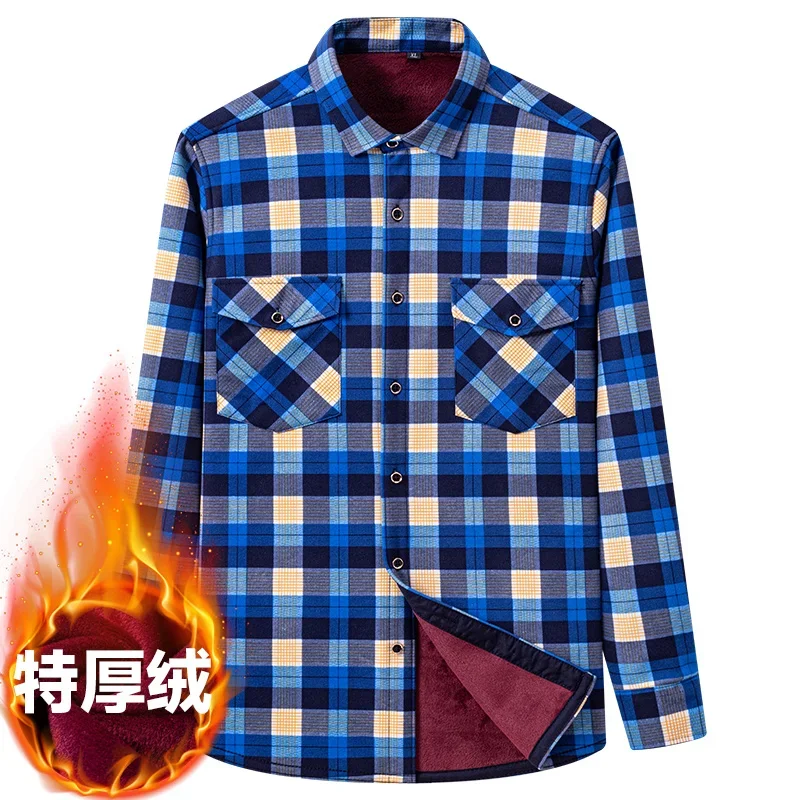 Winter Plush Thick Shirt Plaid Series Long Sleeved 2 breast pocket Shirt for Men\'s Warmth and Oversized Casual Shirt Clothing