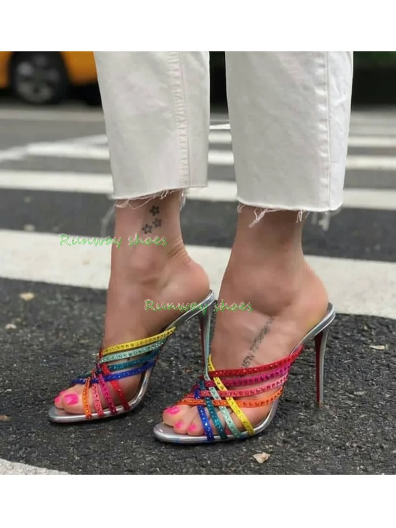 Multicolor Rhinestones Decorate Crystal Straps  High Heel Round Toe Cross Thin Strap Shallow Luxury Slippers Banquet Shoes 2026