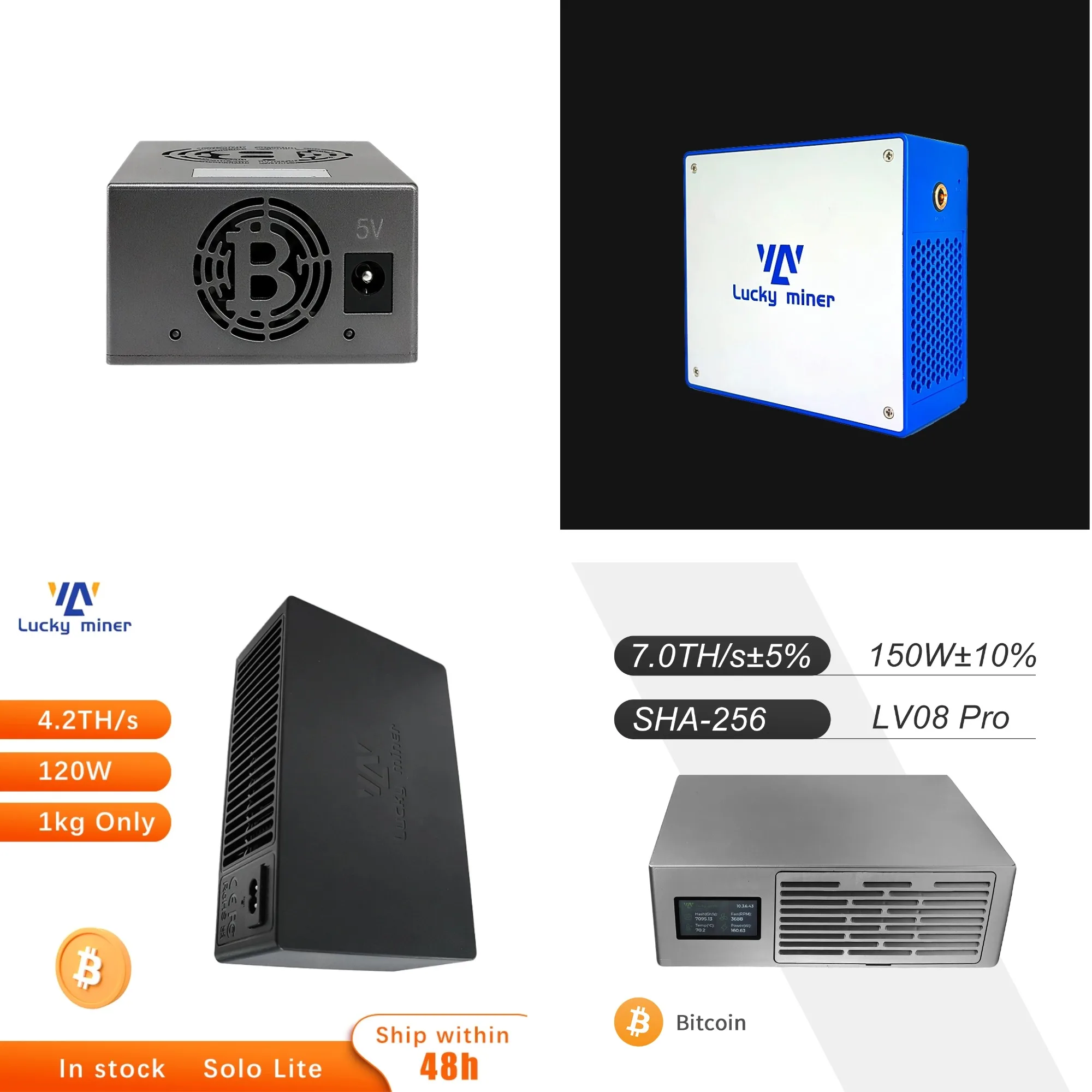 Lucky Miner LV06/LV07/LV08/LV08Pro 0.5~7TH/s Bitcoin Miner Personal Solo Mining Rig Blockchain Lotto Machine with High Hashrate