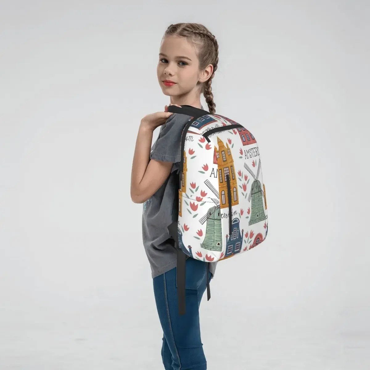 Amsterdam. Seamless Pattern With Old Historic Buildings Backpack Daypack Boys Girls BookBag School Bag  for Men Women