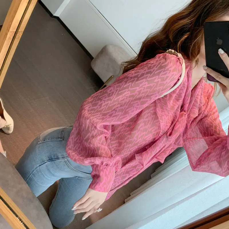 Spring Autumn New Fashion Sweet Women\'s Ruffled Neck Long Sleeved Drawstring Printed Bow All-match Pullover Chiffon Shirts Tops