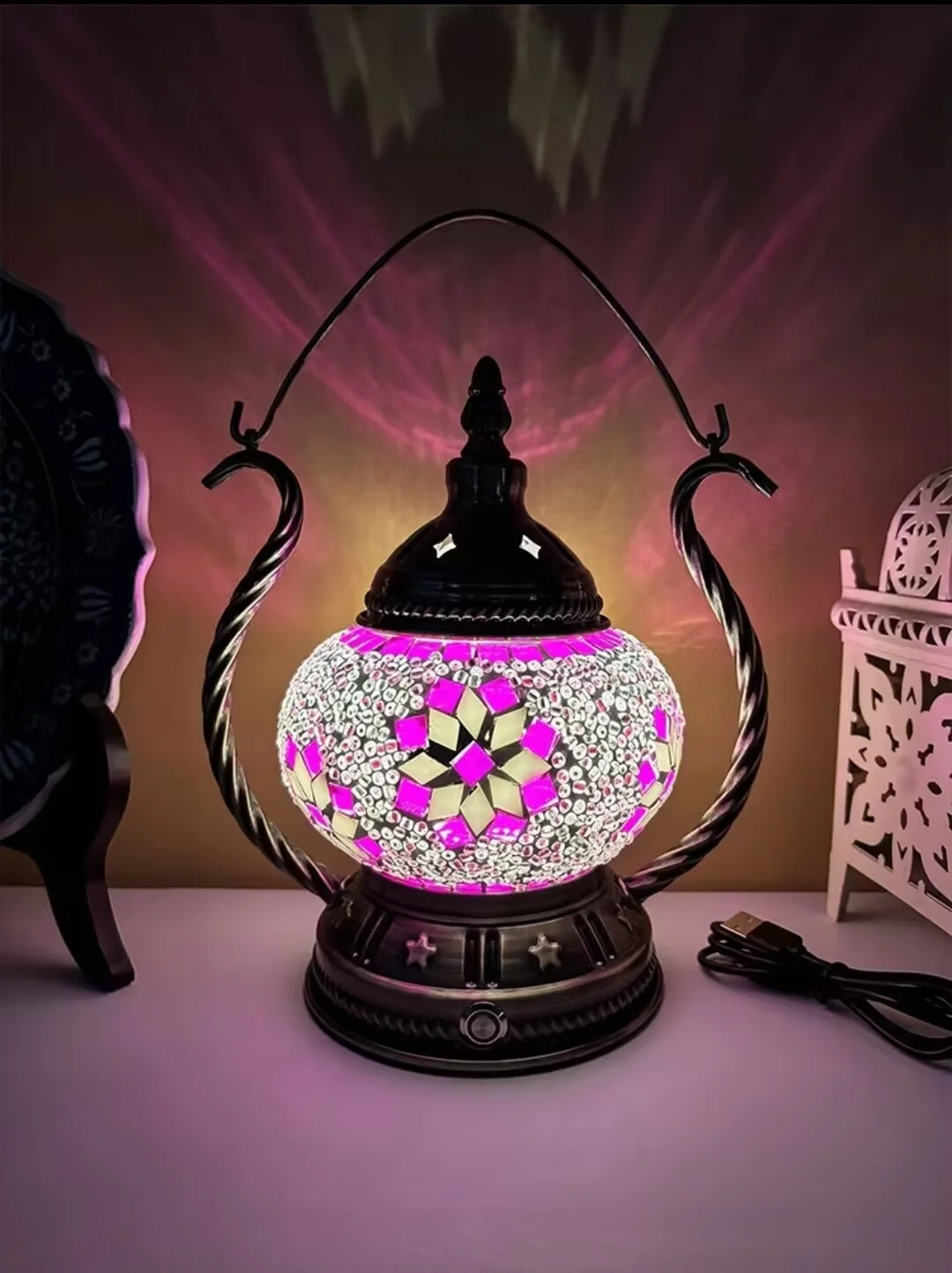 Rechargeable Turkish Mosaic Table Lamp Deco Handcrafted Lampe Abajur Para Quarto Bed Night Light Lampara De Noche Dormitorio