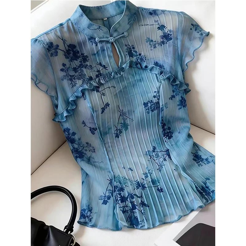 2026 Summer New Chinese Style Printing Perspective Sleeveless Top Tee Ladies Temperament Ruffles Slim T-Shirts Women Clothes