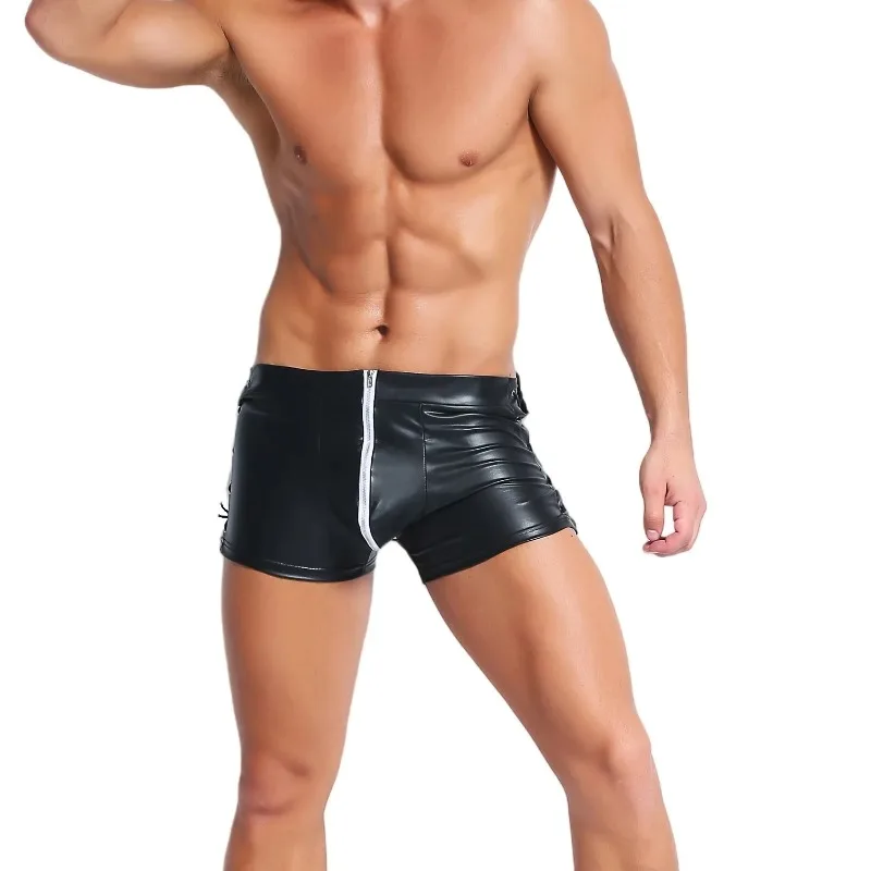 

Men's Side Strap PU Leather Shorts Nightclub Front Zipper Club Party Sexy underwear Shorts Torso Dance Costumes