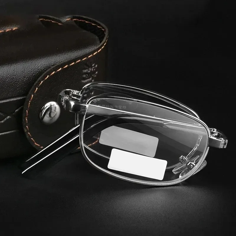 Klappbare Lesebrille für Männer, tragbarer Brillenrahmen mit Etui, silberfarbener quadratischer Vollrahmen + 0,5 + 0,75 + 1 + 1,25 + 1,5 + 1,75 + 2,25 – Detail 2