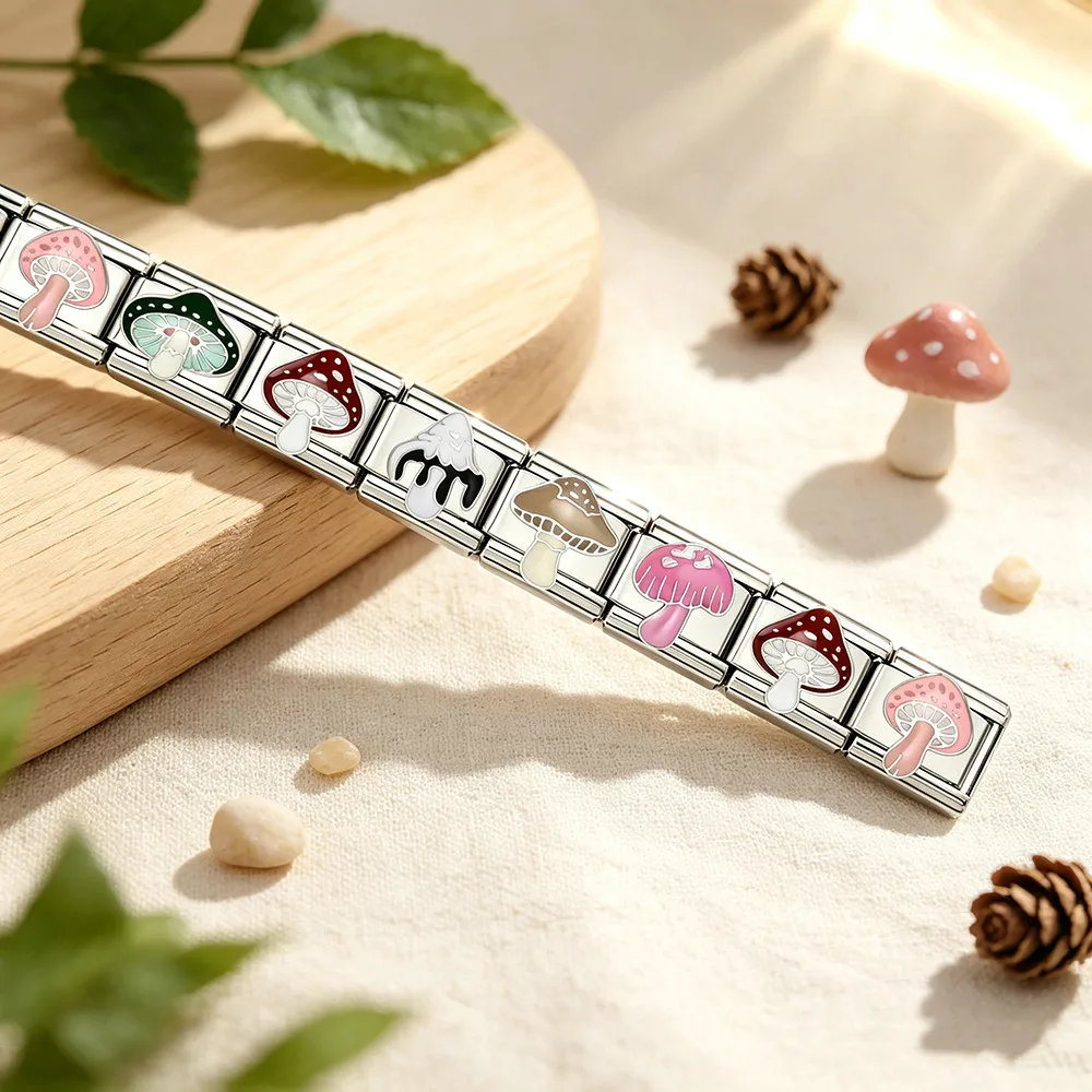 Modischer Edelstahlschmuck aus der niedlichen Pilz-Serie, italienische Glieder, passend für 9-mm-Anhänger, Großpackung für Armbandherstellung, DIY-Perlenzubehör – Detail 3