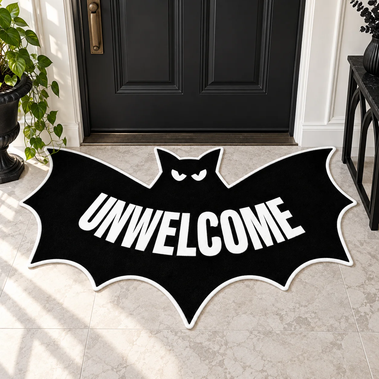 Unwelcome Bat Halloween Shaped Area Rug, Gothic Floor Mat for Entryway Bedroom Living Room, Spooky Alternative Home Decor