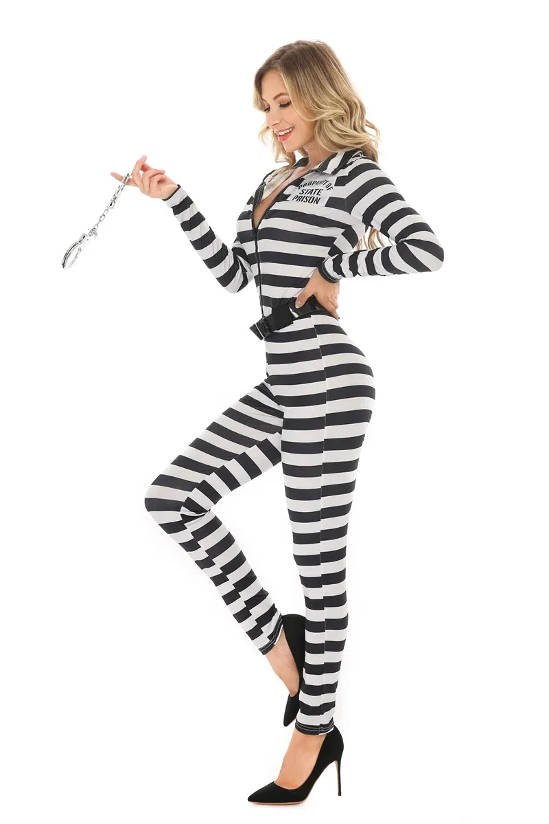 Adult Women Striped Prisoner Costume Prison Suit Uniform Jumpsuits Outfits Cosplay Clothes For Party Halloween