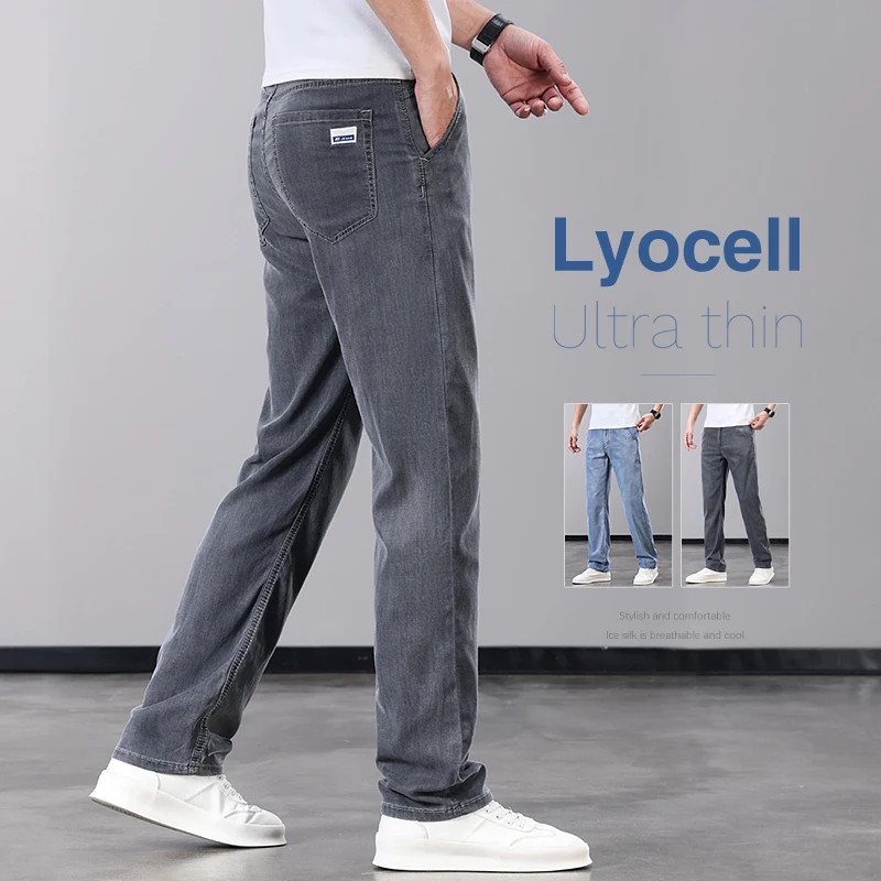 Summer Thin Men's Jeans Lyocell Fabric Soft Breathable Straight Denim Pants Brand Man Elastic Ice Silk Casual Trousers Grey Blue