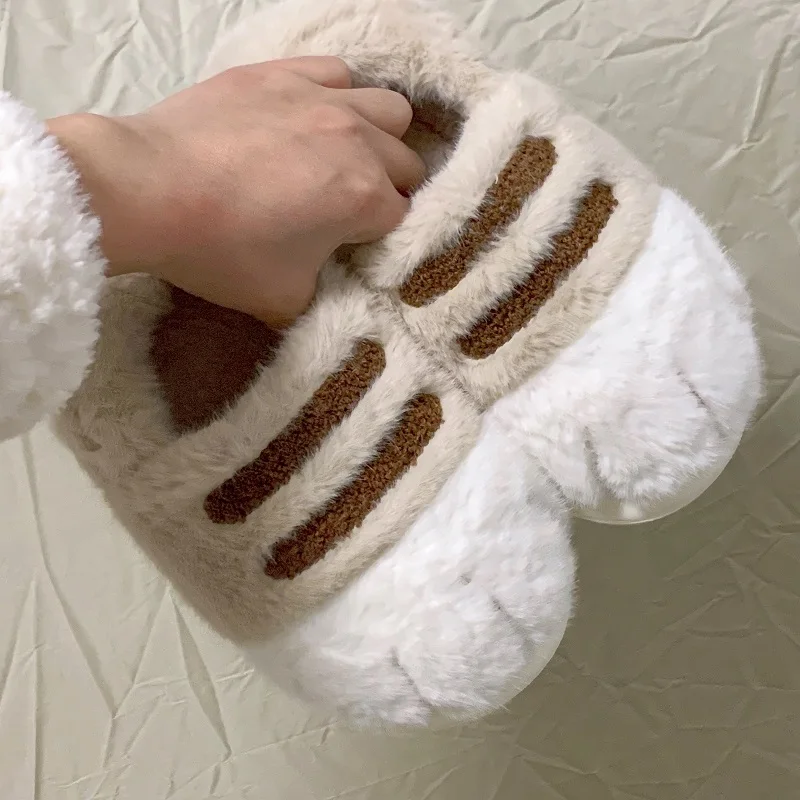 New Kitty Claw Furry Loafers Women's Fuzzy Slip On Mules Shoes Stuffed Woman Winter Warm Plush Home Slipper Unisex Cat Foot Shoe