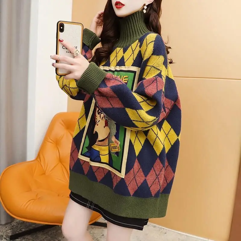 

Women's Autumn and Winter New Fashion Elegant Half High Collar Printed Retro Korean Long Sleeved Loose Knit Mid Length Tops