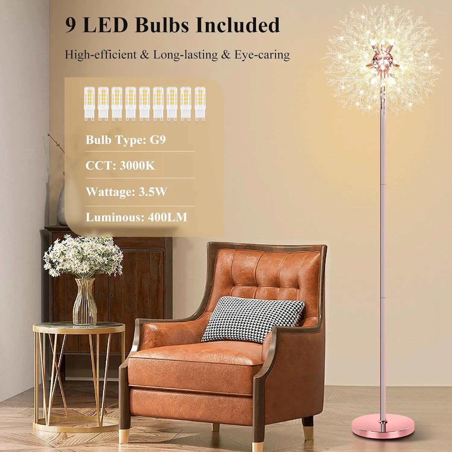 69'' Crystal Floor Lamp with 738 K9 Crystals, Modern Standing Light for Living Room, Rose Gold Finish, 9 LED Bulbs view 4