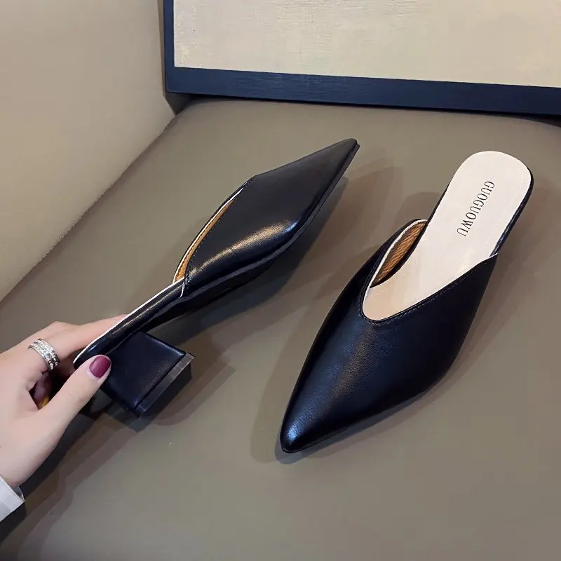 Maogu Summer Shoes Fashion Luxury Square Heel Slides Slip on Mules Black Female Party Shoes Pointed Slippers Women High Heels 42