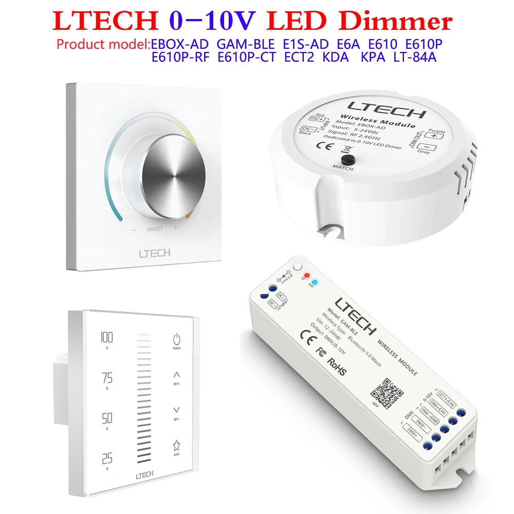LTECH 0-10V LED Dimmer EBOX-AD GAM-BLE E610,Knob Panel E6A,CT Touch Panel ECT2,Tunable White E610P-CT,Wireless Dimmer ﻿E610P-RF