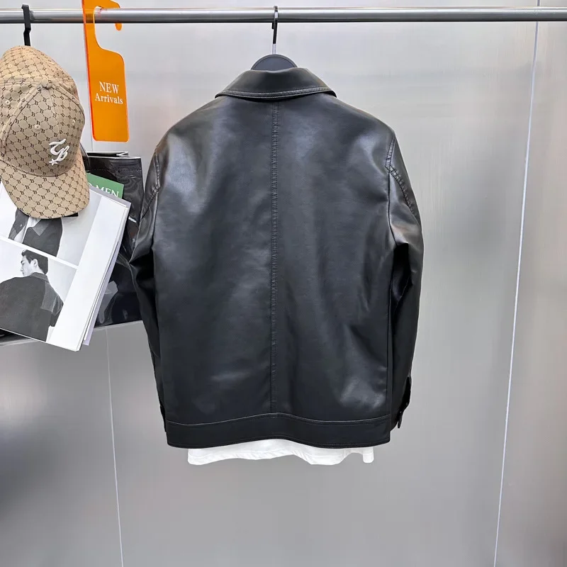 Spring and Autumn Men's Soft Leather Jacket Business Slim Fit Lapel Jacket Casual Men's PU Motorcycle Jacket
