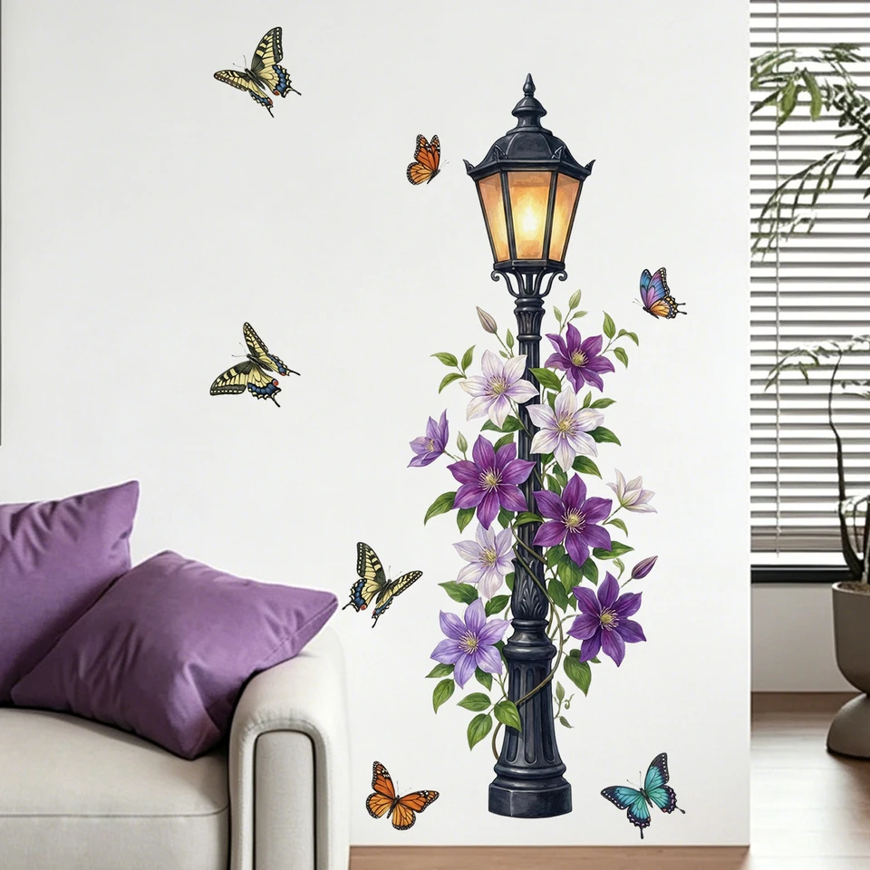 Vintage Street Lamp with Clematis & Butterflies Wall Decal, Floral Lantern Vinyl Sticker for Home Decor