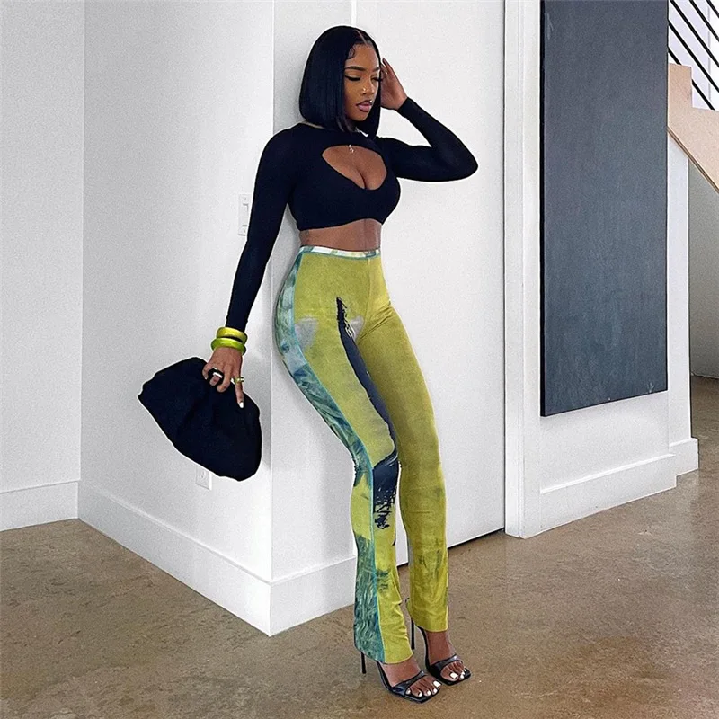 

Trend See Through Thin Skinny Streetwear Wild Elastic Bottoms Mesh Tie Dye Straight Pants Women Sexy Summer