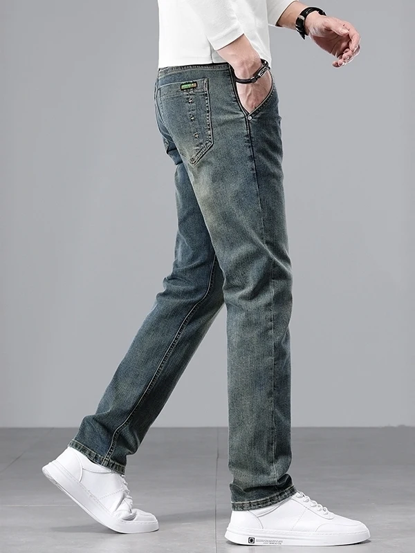 

Retro Korean Sle Men's Jeans Slim Straight Leg Elastic Casual Lightweight Spring Autumn Trendy Brand Long Pants