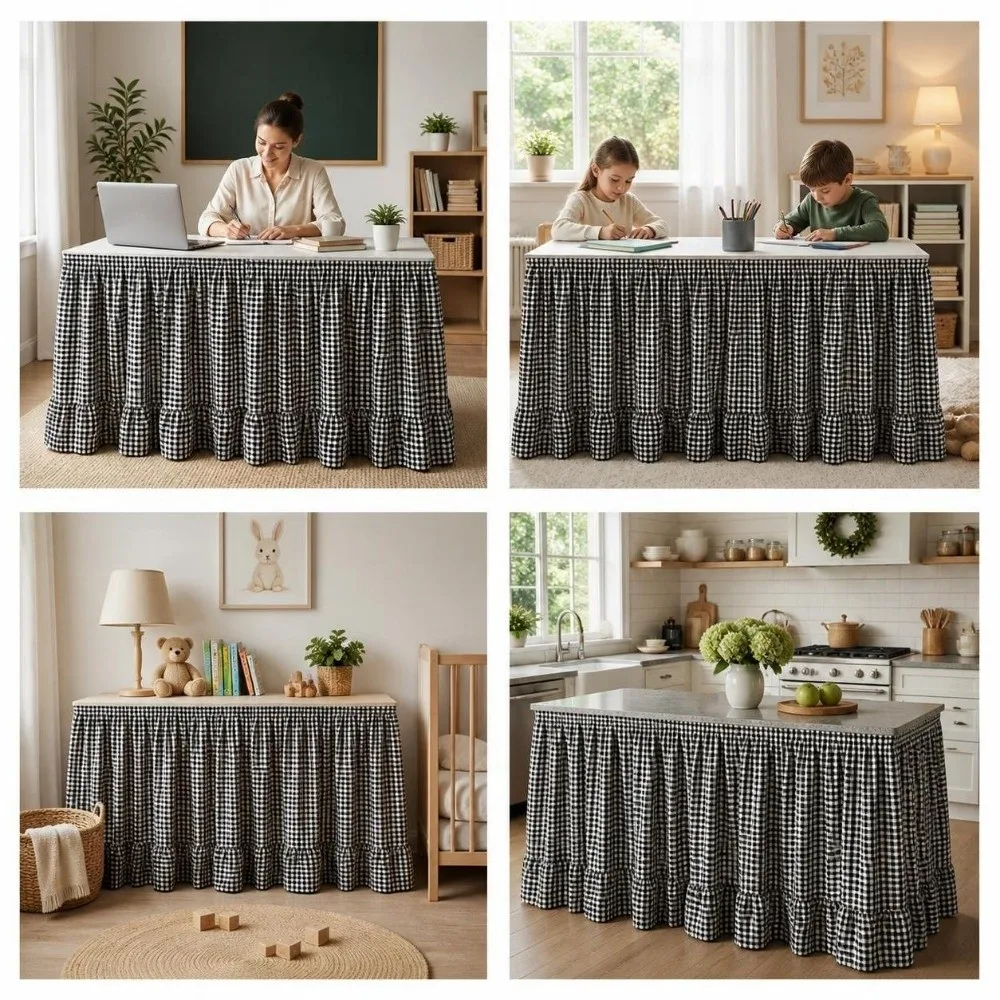 Rural Ruffled Edge Gingham Table Skirt Hook and Loop One-Piece Teacher Desk Skirt 72in Washable Plaid Ruffled Table Skirt Hotel