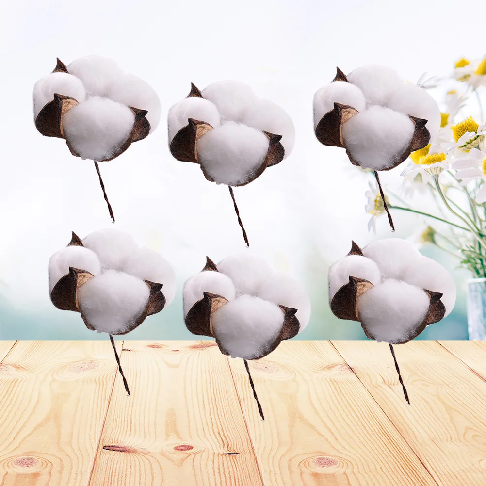 6 Pcs Pretty Decoration Artificial Cotton Dried Flower Stalks Boll Wooden Branches Stems