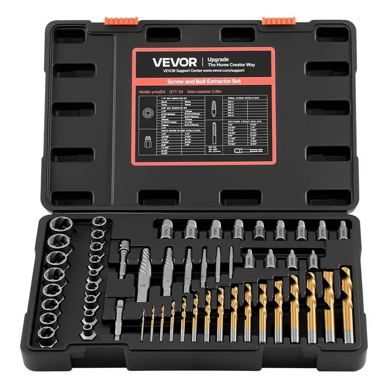 

Screw Extractor Set with Drill Bits, 54 Pieces, Easy Out Nut Bolt Extractors and Drill Bits, with Adapters, Solid Storage Case, Cr-Mo Steel for Removing Rounded, Broken, or Stripped Fasteners