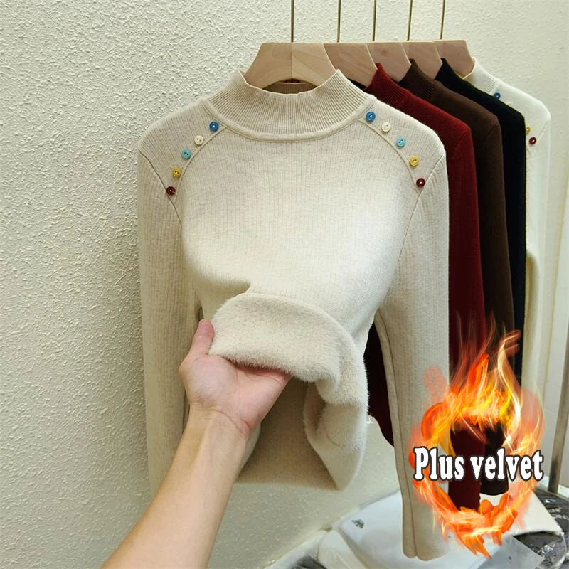 

Цельный флисовый свитер с яркими пуговицами, воротником до половины высоты, женская зимняя новая утолщенная трикотажная базовая рубашка